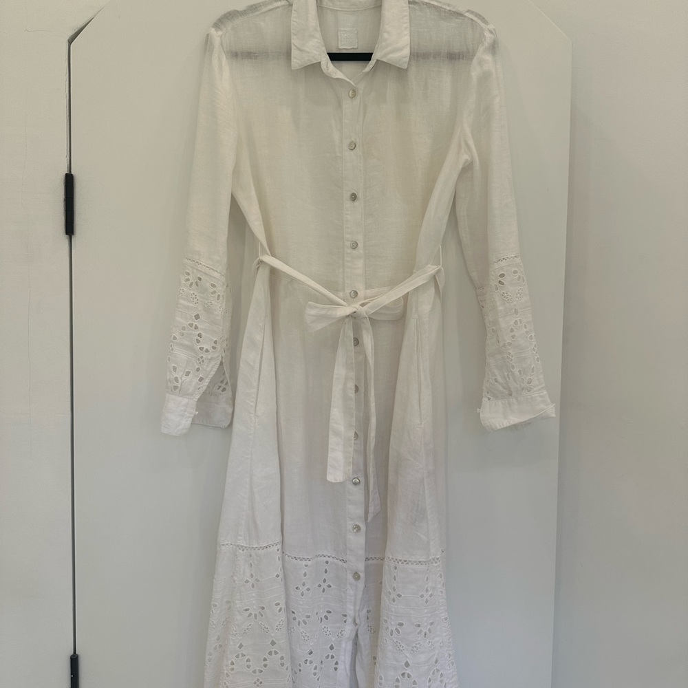 White Midi ShirtDress with Eyelet Sleeves and Dress Shirt Collar